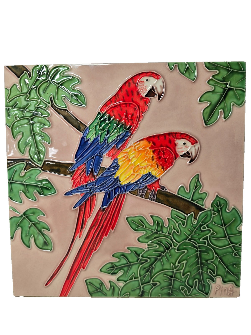 VTG Pair of Parrots Hand Painted Embossed Ceramic Tile 8" x 8" Signed Ping
